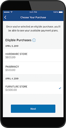 Phone displaying eligible purchases in Citi app.
