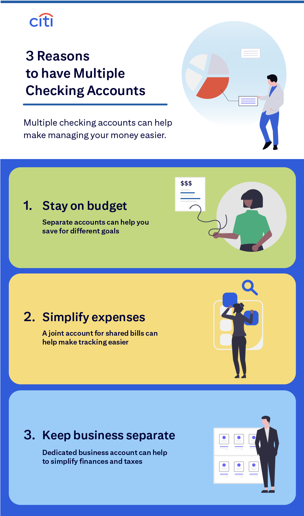  3 Reasons to have Multiple Checking Accounts. Multiple checking accounts can help make managing your money easier. 1. Stay on budget: Separate accounts can help you save for different goals. 2. Simplify expenses: A joint account for shared bills can help make tracking easier. 3. Keep business separate: Dedicated business account can help to simplify finances and taxes.