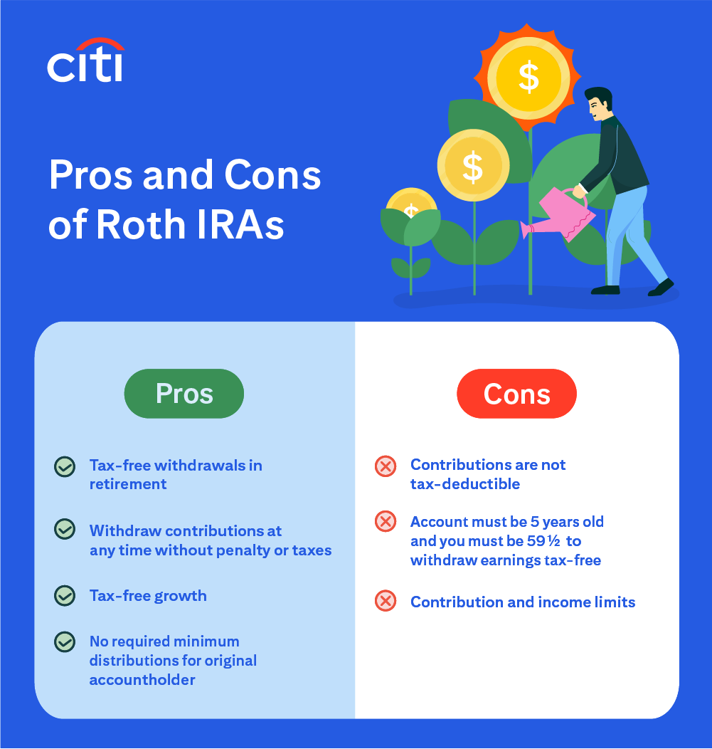 Pros and Cons of Roth IRAs. Pros. Tax-free withdrawals in retirement. Withdraw contributions at any time without penalty or taxes. Tax-free growth. No required minimum distributions for original accountholder. Cons. Contributions are not tax-deductible. Account must be 5 years old and you must be 59 ½ to withdraw earnings tax-free. Contribution and income limits.