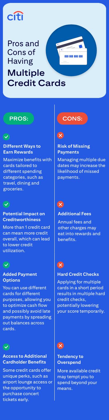 Pros and Cons of Having Multiple Credit Cards. Pros: Different Ways to Earn Rewards - Maximize benefits with cards tailored to different spending categories, such as travel, dining, and groceries. Potential Impact on Creditworthiness - More than 1 credit card can mean more credit overall, which can lead to lower credit utilization. Added Payment Options - You can use different cards for different purposes, allowing you to optimize cash flow and possibly avoid late payments by spreading out balances across cards. Access to Additional Cardholder Benefits - Some credit cards offer unique perks, such as airport lounge access or the opportunity to purchase concert tickets early. Cons: Risk of Missing Payments - Managing multiple due dates may increase the likelihood of missed payments. Additional Fees - Annual fees and other charges may into rewards and benefits. Hard Credit Checks - Applying for multiple cards in a short period results in multiple hard credit checks, potentially lowering your score temporarily. Tendency to Overspend - More available credit may tempt you to spend beyond your means.