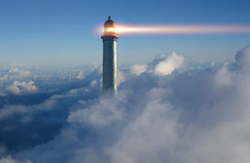 A lighthouse in the fog